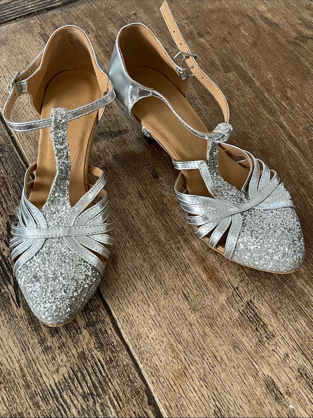Silver Glitter T-Strap Women's Ballroom Dance Shoes Suede Bottom